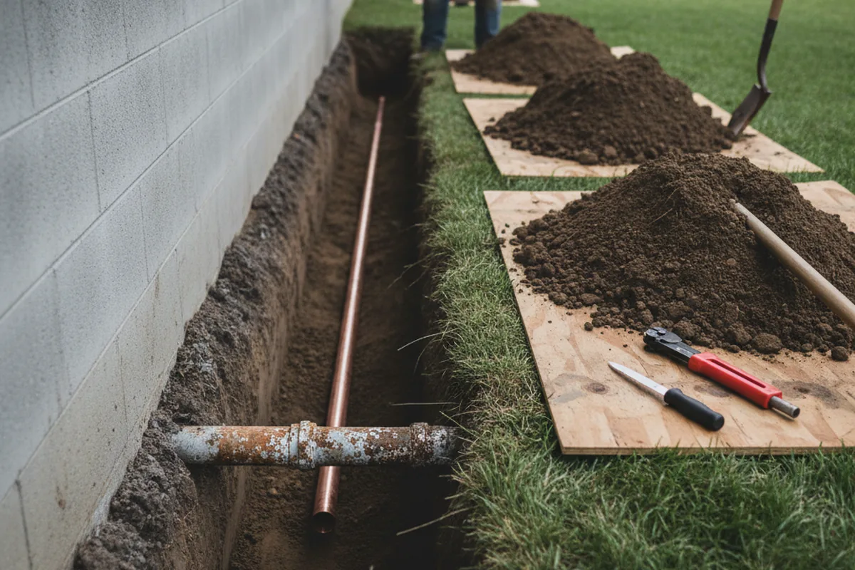 Excavated water line trench during Sewer Line Repair in Montgomery